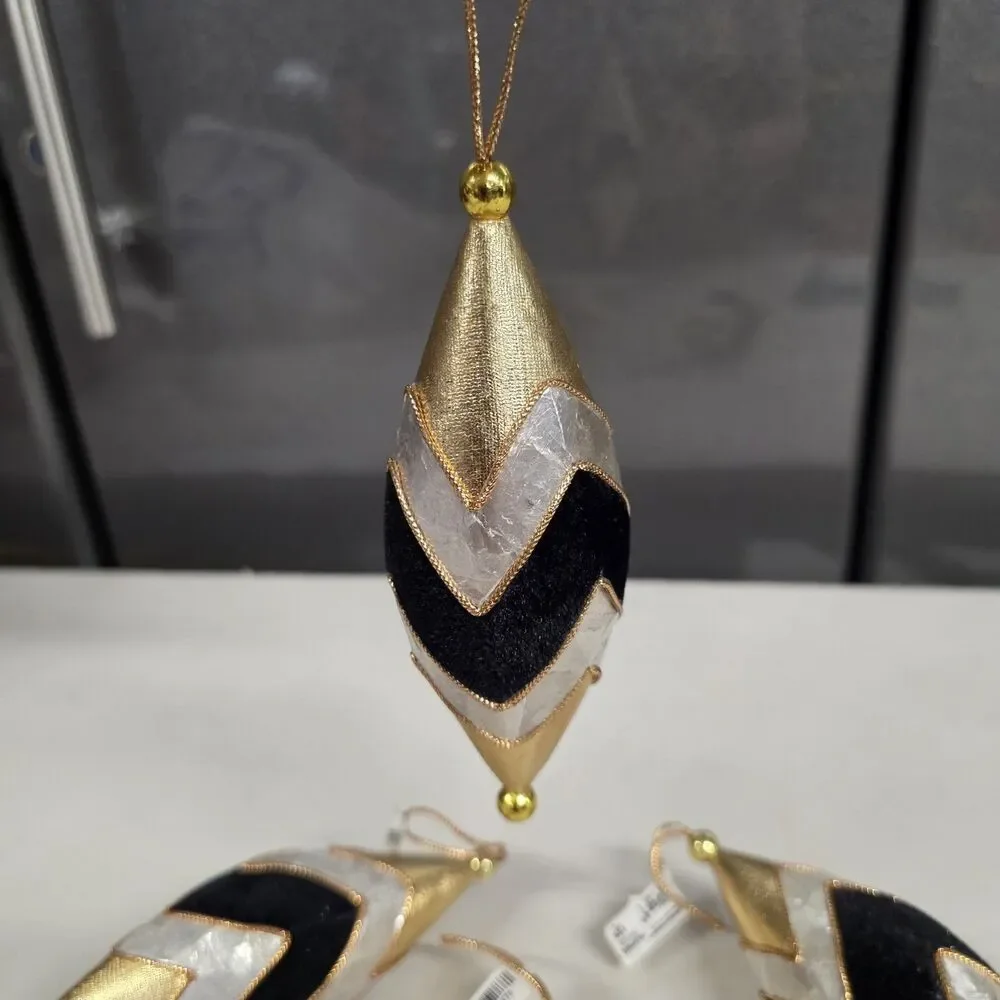 Vintage Pier 1 Lot of 4 NWT Teardrop Finial shape Ornaments Gold Black Siver